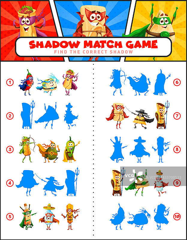 阴影配对游戏：墨西哥美食超级英雄图片素材