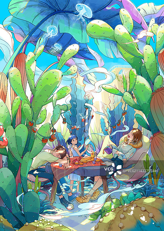 女孩和男孩坐在仙人掌下吃下午茶图片素材