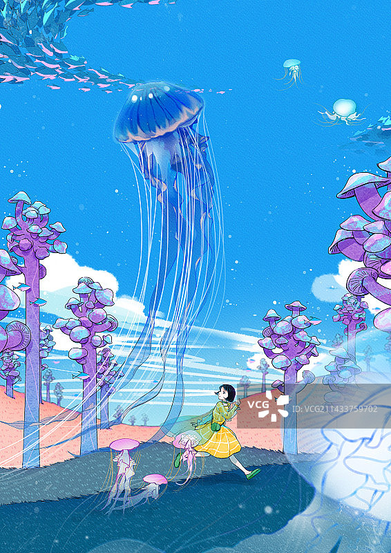 水母跟着女孩游走在大草坪上，蓝紫色梦幻世界图片素材