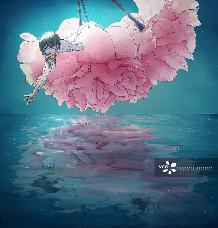 女孩坐在湖面上的花朵图片素材