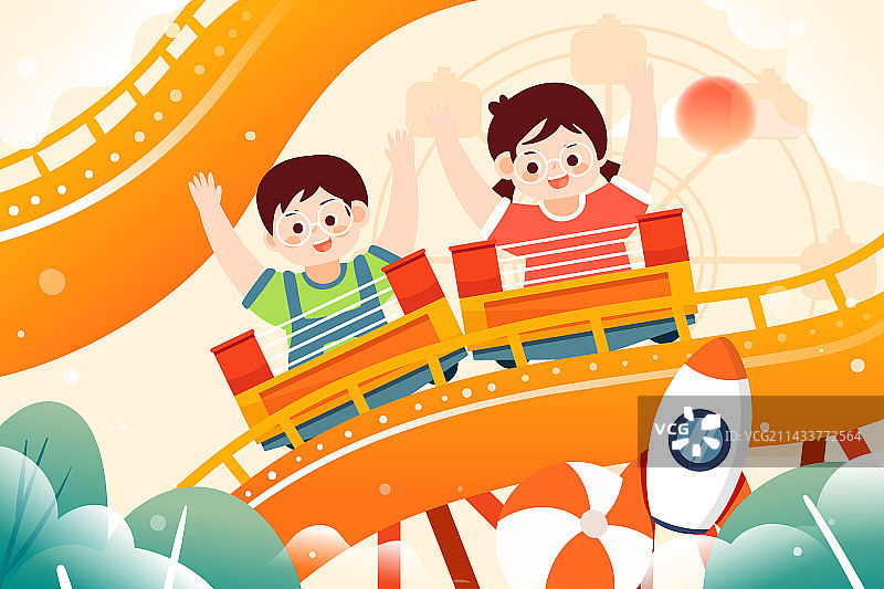六一儿童节家人公园游玩户外游乐园玩耍插画图片素材