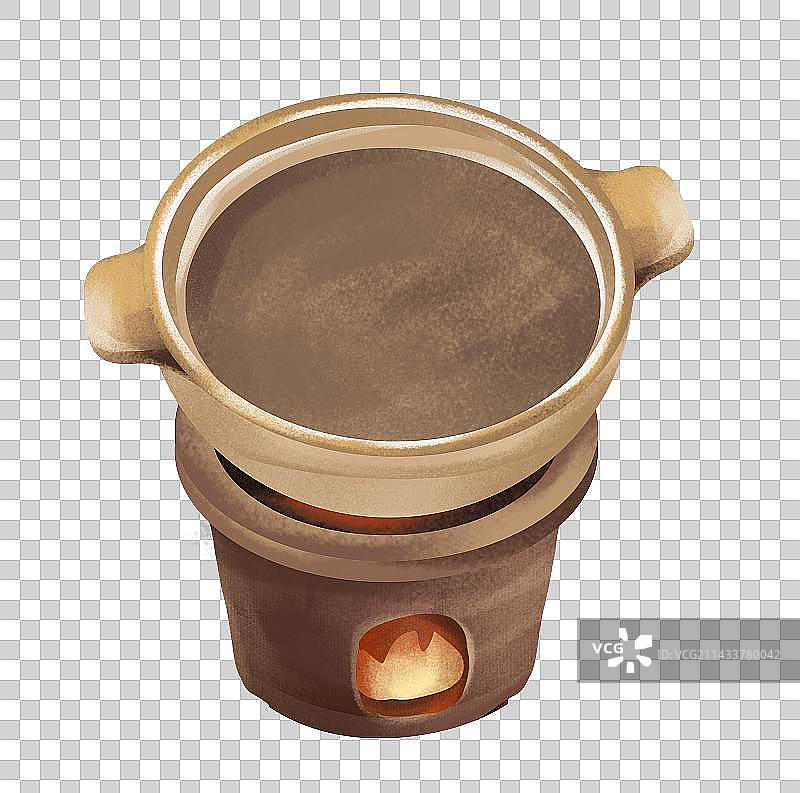 一个空着的中式砂锅和点着火的炉子图片素材