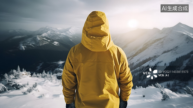 【AI数字艺术】人物穿着黄色冲锋衣站在雪山上眺望远方背景素材图片素材