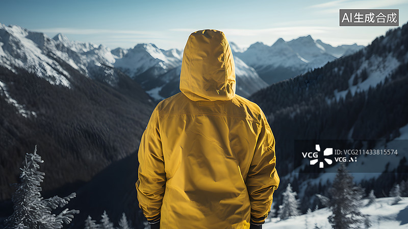 【AI数字艺术】人物穿着黄色冲锋衣站在雪山上眺望远方背景素材图片素材