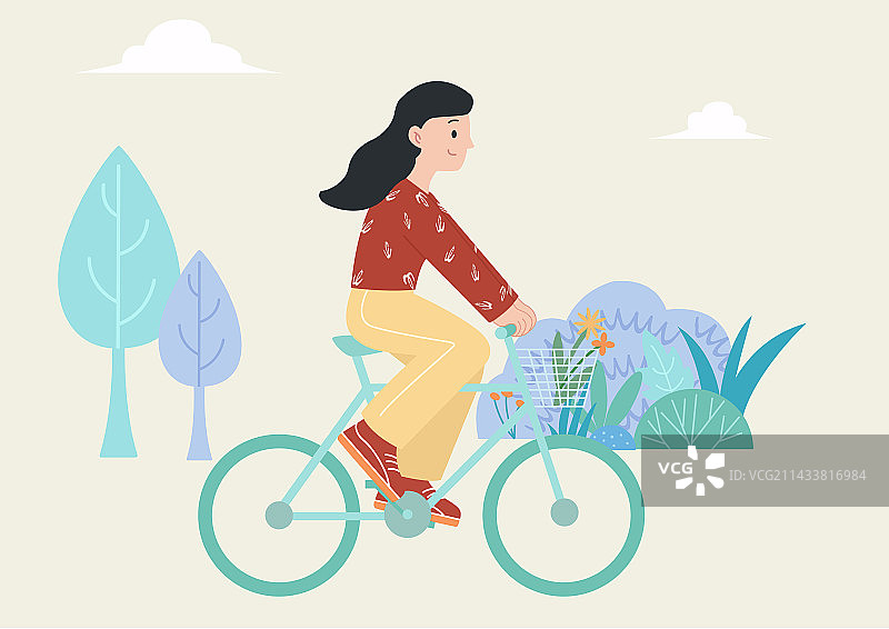 扁平风场景插画：骑自行车的女生图片素材