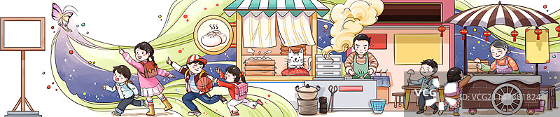 小孩放学追逐蝴蝶经过小吃摊图片素材