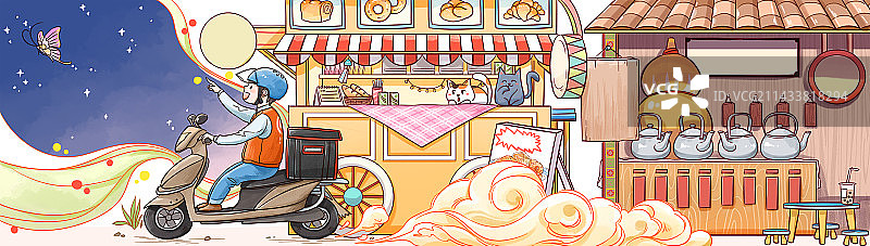 快递小哥开着小电车行驶在美食街上图片素材