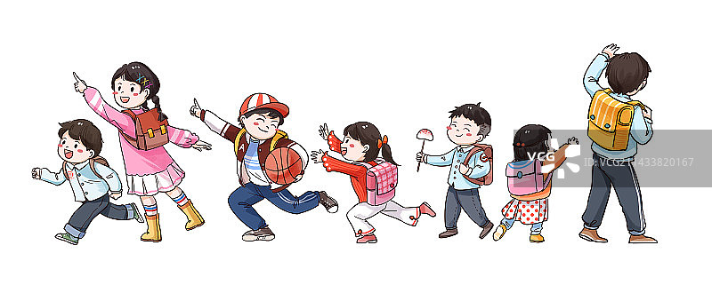 放学了，学生背着书包欢呼雀跃图片素材