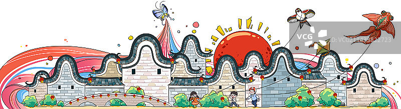 小孩在镬耳屋外放风筝图片素材