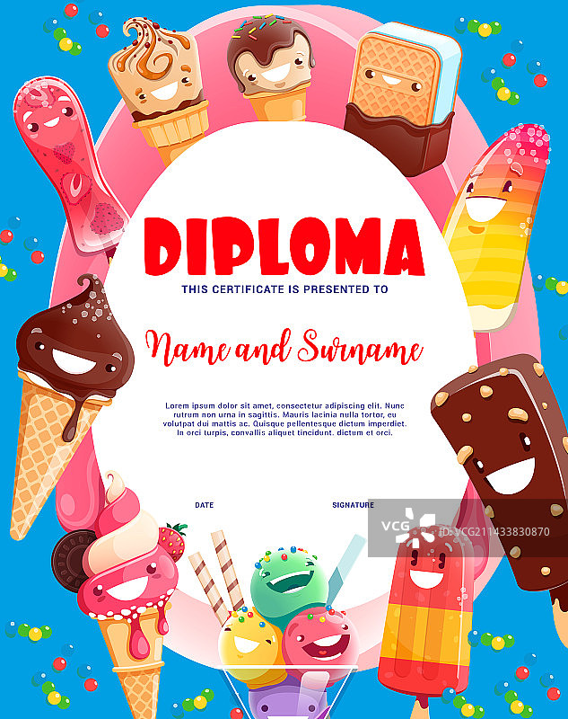儿童毕业证书卡通冰淇淋甜点人物图片素材