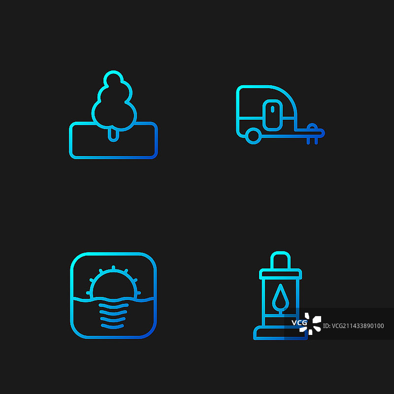 露营灯日出树木房车线条图片素材