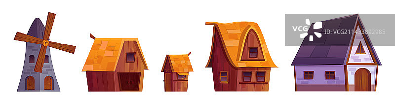 隔离的中世纪村庄房屋谷仓和磨坊组合图片素材