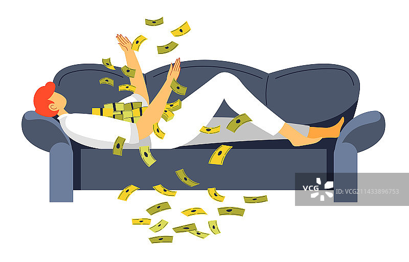 躺在沙发上撒钱的富人图片素材