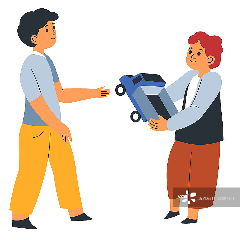 孩子在学校里和兄弟或朋友分享玩具汽车图片素材