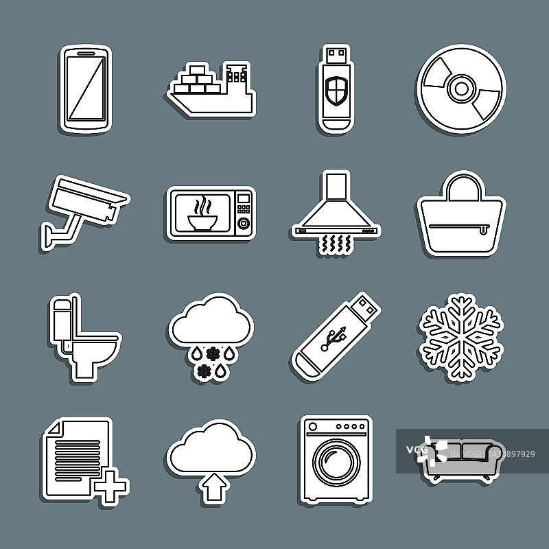 线条沙发、雪花手提包与USB闪存盘图片素材