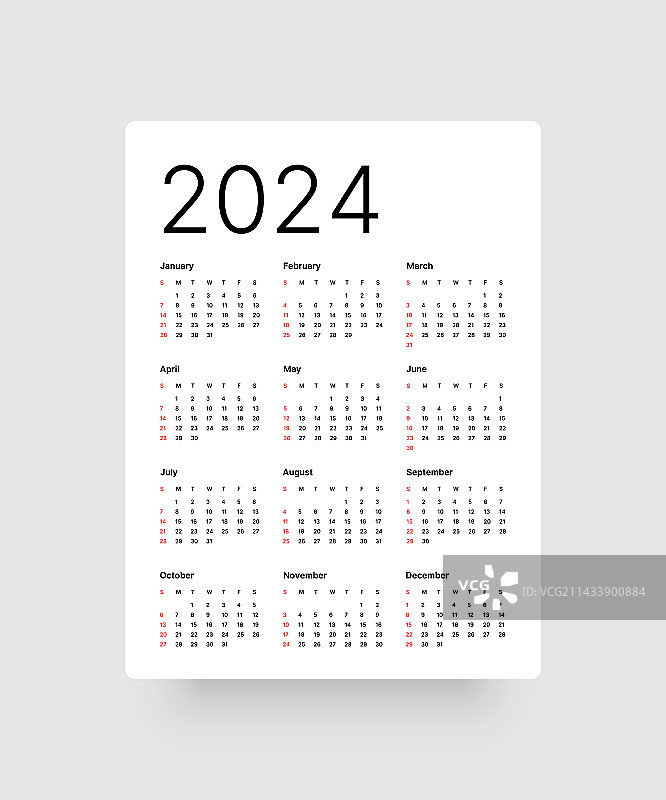 年度日历模板周日开始图片素材