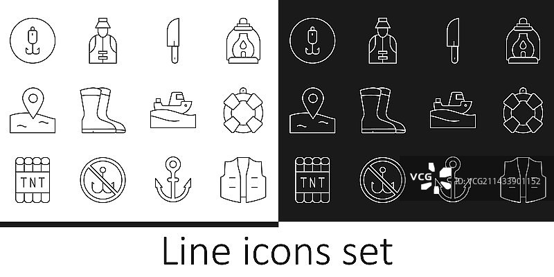 钓鱼夹克、救生圈、刀和靴子图片素材