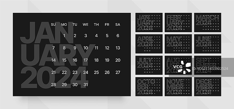 始于周日的2024年月历图片素材