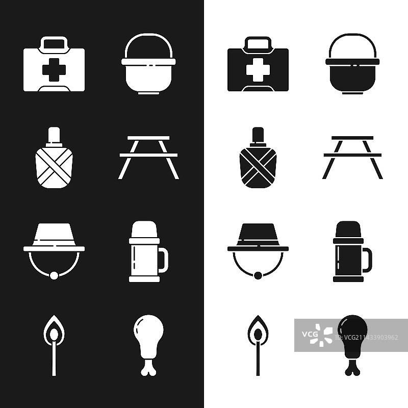 带长凳的野餐桌、水壶和水组合图片素材