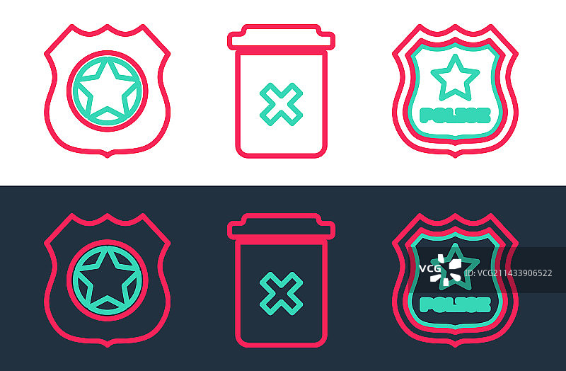 警察徽章、垃圾桶图标线条组合图片素材