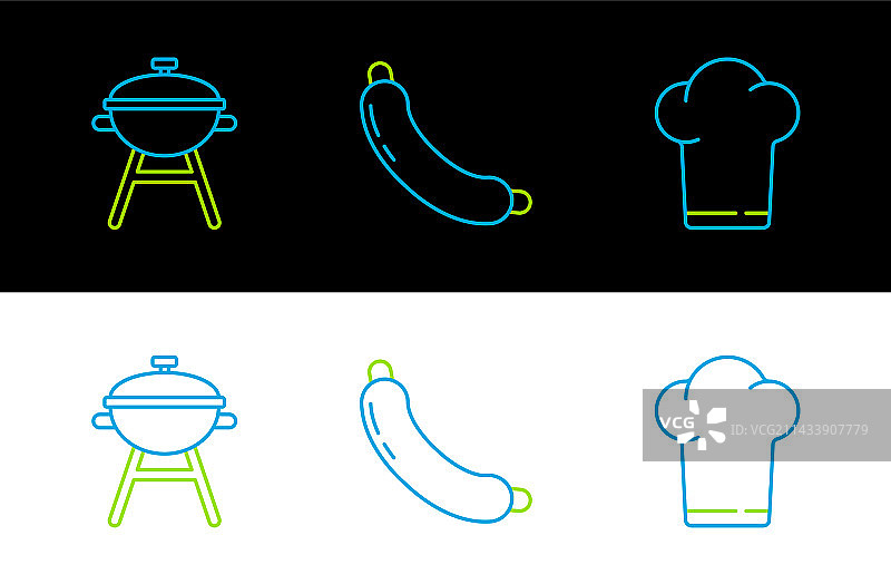 厨师帽、烧烤架和香肠图标图片素材