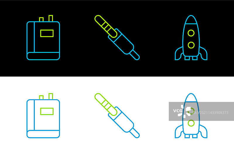 线条火箭飞船、书籍和音频插孔图标图片素材