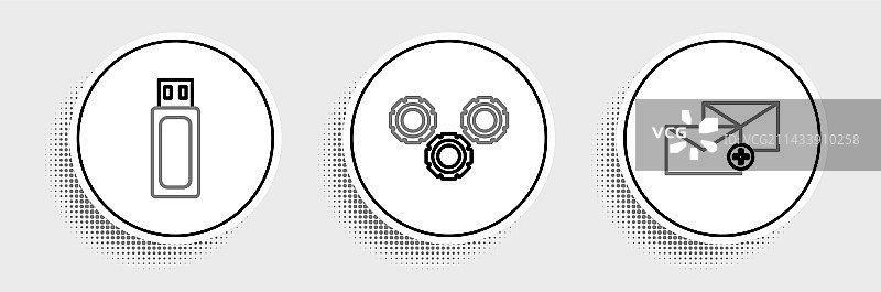 信封、USB闪存盘和齿轮图标图片素材