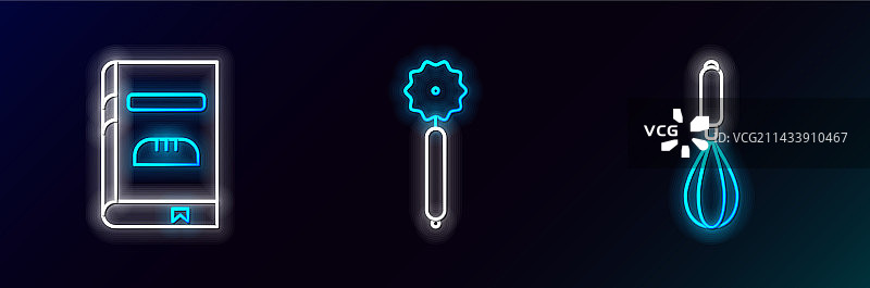 厨房用具组合线条插画：打蛋器、食谱和披萨刀图片素材