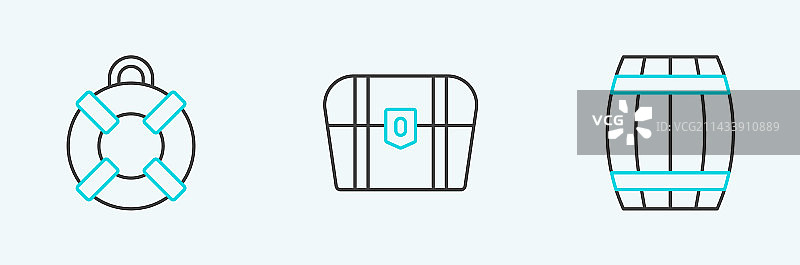 木制桶、救生圈和古董线条组合图片素材