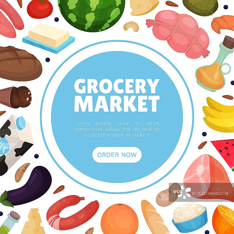 带有商品和新鲜食品的杂货市场设计图片素材