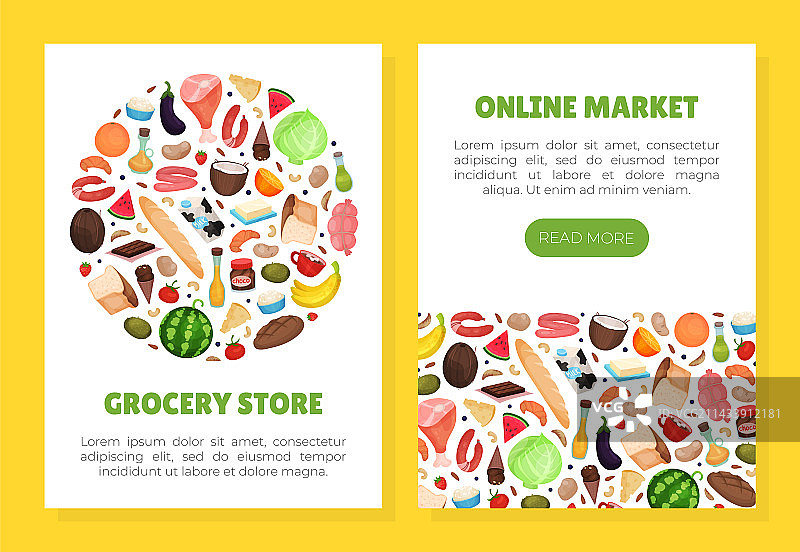 带有商品和新鲜食品的杂货市场设计图片素材