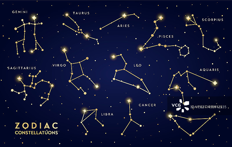 夜空中闪耀的金色十二星座图片素材
