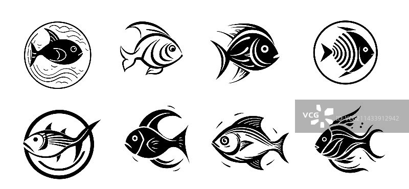 手绘鱼类图标草图合集图片素材