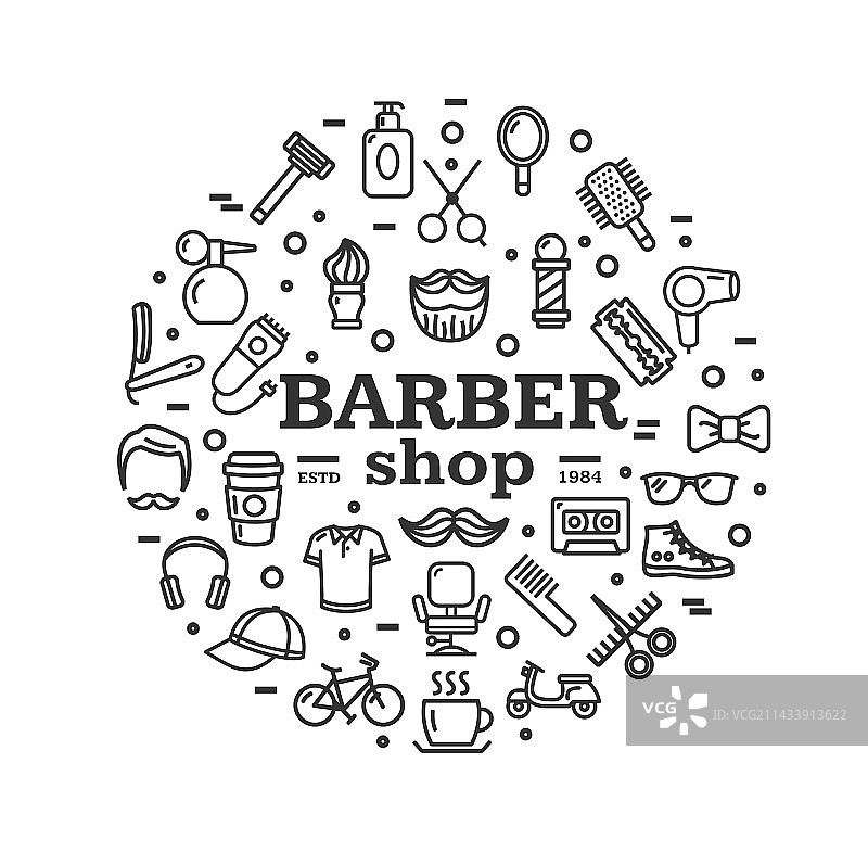 理发店圆形标志设计模板（细线风格）图片素材