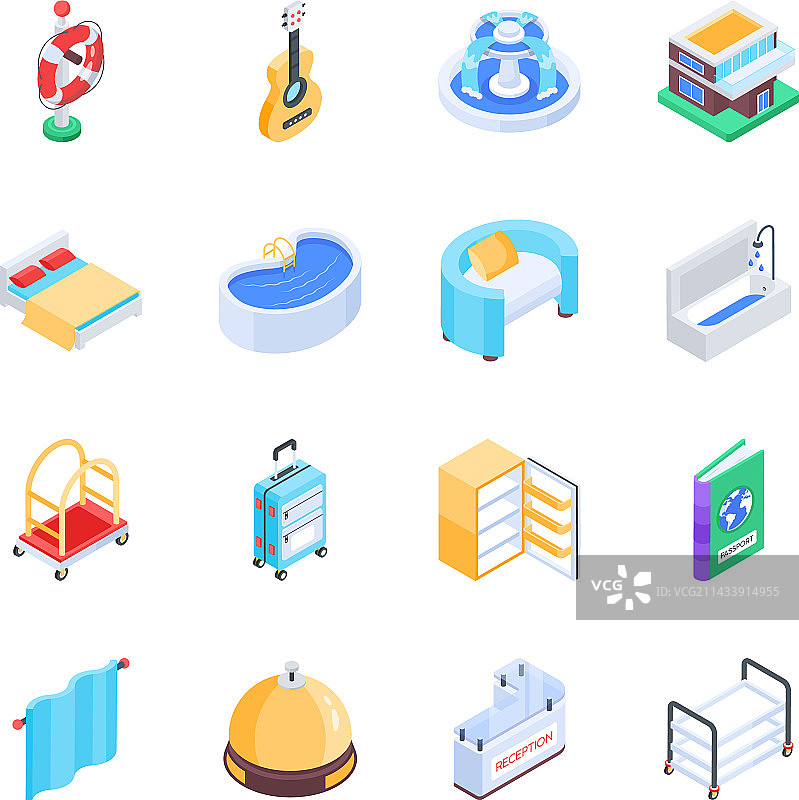 现代酒店与夏季旅行2.5D图标图片素材