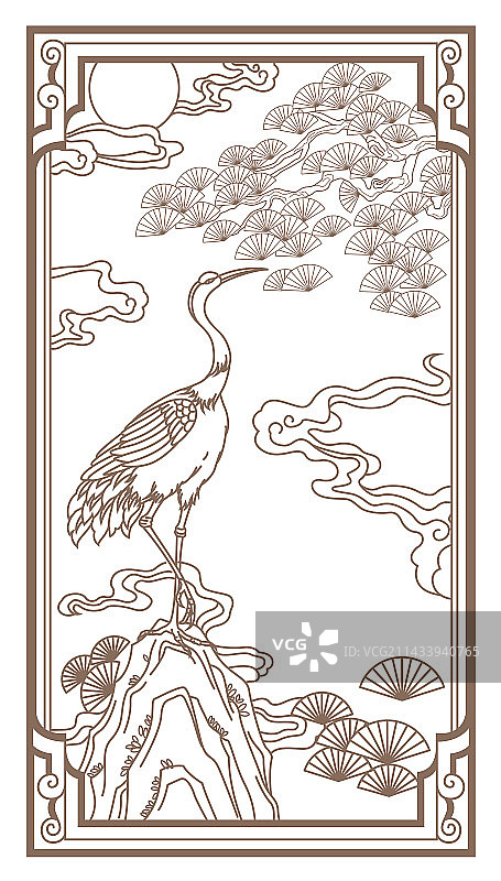 传统边框内的松树仙鹤图案图片素材