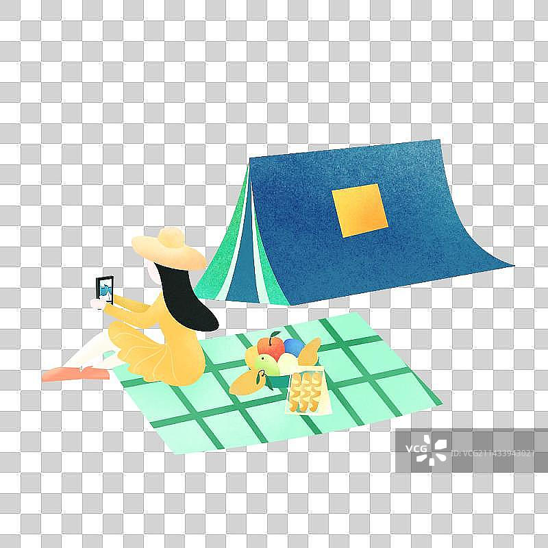 户外帐篷女孩扁平噪点风旅游插画元素PNG图片素材
