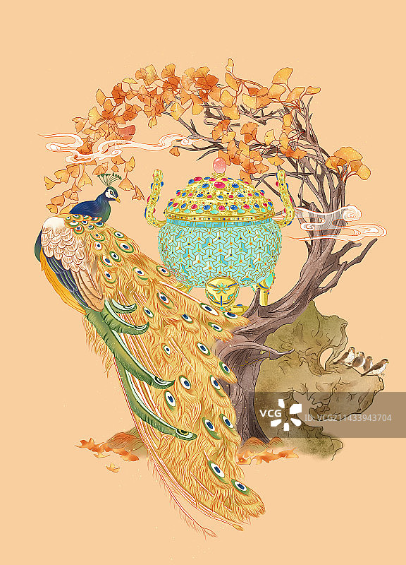 故宫文物宝石耳炉孔雀插画图片素材