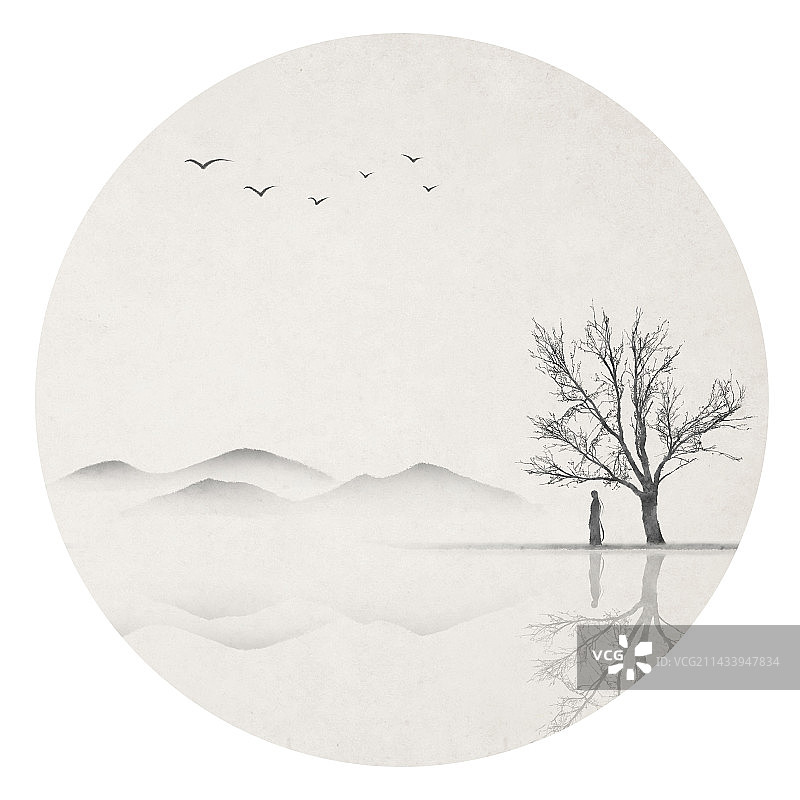 树下女子水墨插画图片素材