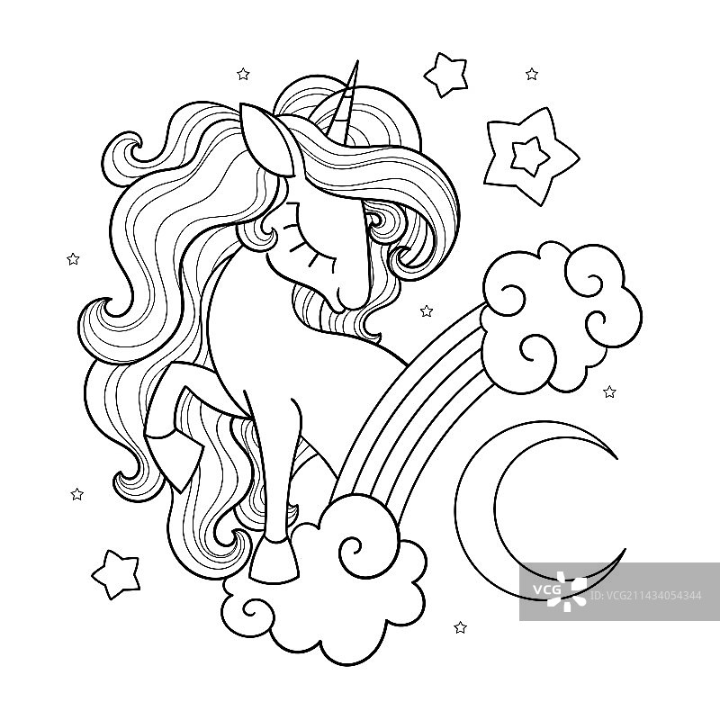 可爱的独角兽和彩虹黑白线性图片素材