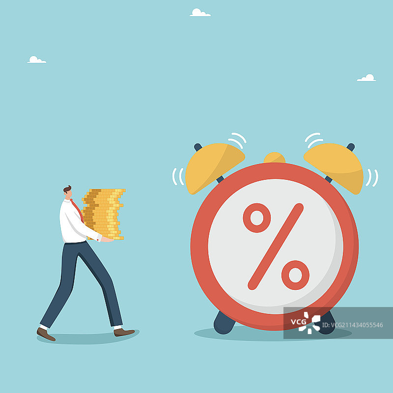 男子搬运硬币到闹钟处图片素材