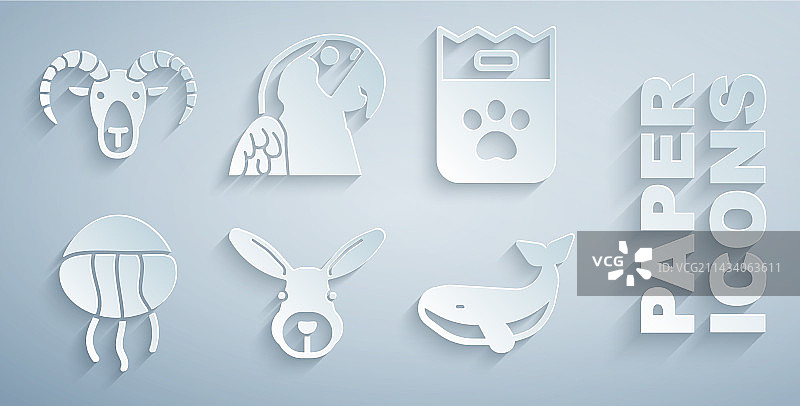 兔子头、食物袋、水母和鲸鱼组合图片素材