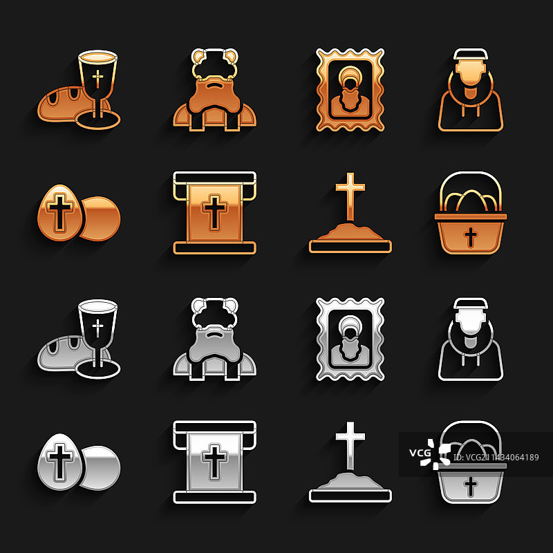 带基督教十字架、僧侣、篮子、复活节元素的旗帜图片素材