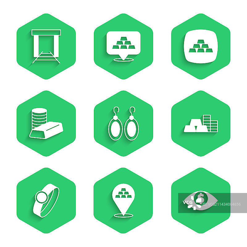 耳环、金条、眼睛和美元硬币套装图片素材