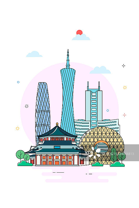 广州城市风光线条风矢量插画图片素材
