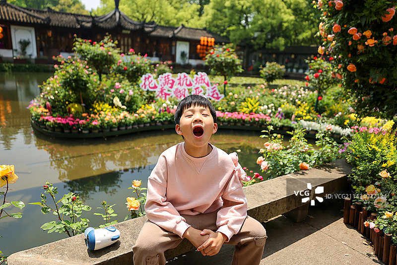 杭州西湖郭庄迎亚运月季花展赏花的男孩图片素材