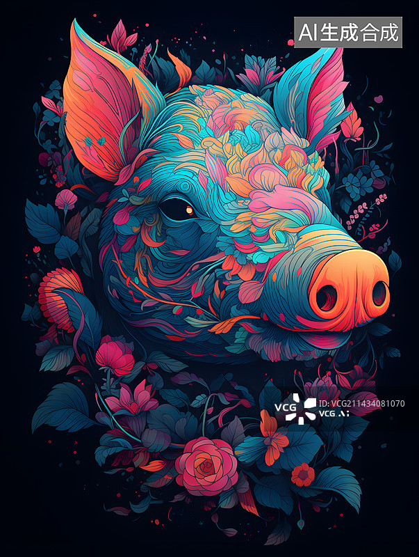 【AI数字艺术】十二生肖猪与花朵纹身图案创意抽象艺术装饰插画图片素材