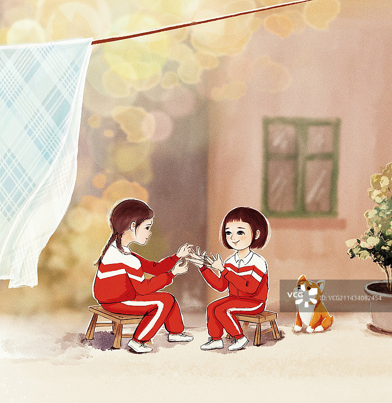 插画：童年记忆 翻手绳图片素材