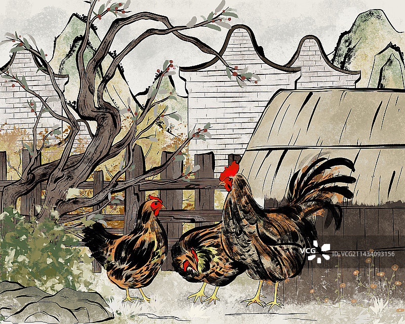 国潮水墨风农家鸡走地鸡插画包装图片素材