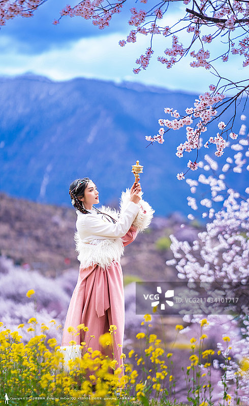西藏林芝嘎啦桃花村人像摄影图片素材